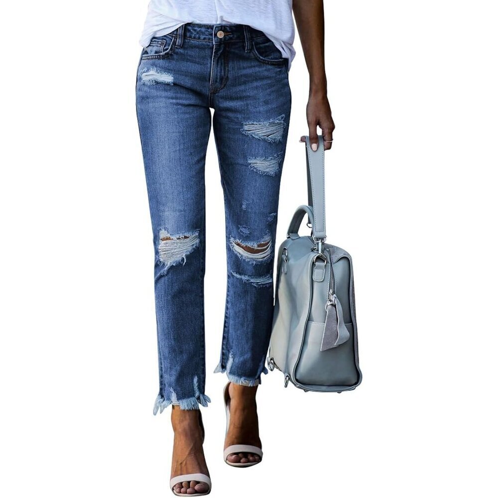 Women's Distressed Straight Leg Boyfriend Denim Jeans Size 6 Casual Wear